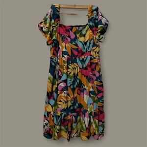 Maia Tropical Print Square Neck Short Puff Sleeve Midi Dress size 18